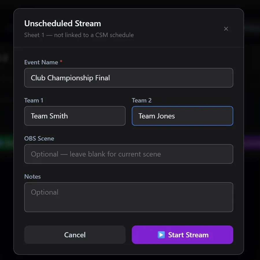 Starting an unscheduled stream for a club championship final, entering the event name and both team names