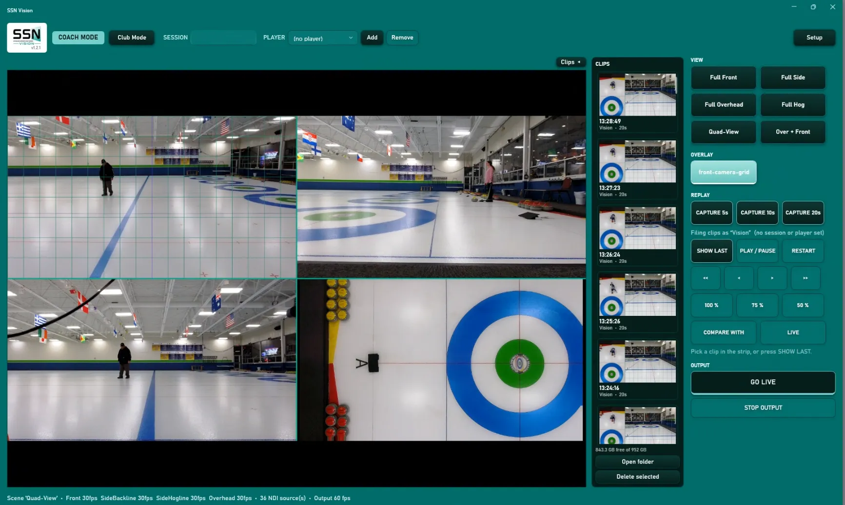 The SSN Vision application in Coach Mode, showing a four-camera quad view of a curling sheet with a grid overlay on the front camera. A clip strip down the right lists recent captures by timestamp, each twenty seconds long. Beyond it a panel holds view presets — Full Front, Full Side, Full Overhead, Full Hog, Quad-View and Over + Front — replay capture buttons for 5, 10 and 20 seconds, frame-by-frame stepping, 100%, 75% and 50% playback speeds, a compare control, and live output controls.