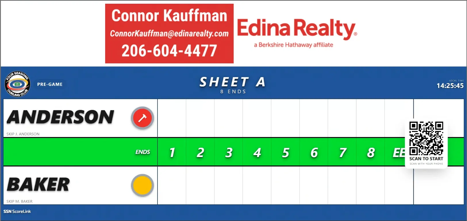 An SSN ScoreLink scoreboard for Sheet A, showing both teams, the end-by-end line, a sponsor banner across the top and a QR code to start the game.